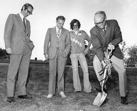 Dr. John Evans (at left) at the sod turning for Innis College, September 1973. Photo: Robert Lansdale/U of T Archives A1978-0050/005(06)