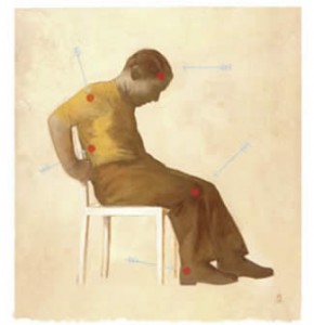 Illustration of a man sitting on a chair, appearing to be in pain