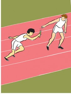 Illustration of a baton pass in a relay, where the baton is a test tube