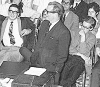 In a Hart House debate in 1968, Claude Bissell upheld the right of students to exercise power in university affairs. Bob Rae is behind Bissell, at right