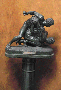 Marble sculpture of a man tackling another man