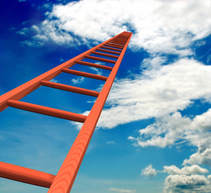 Digital illustration of a ladder extending upward into white clouds against a blue sky