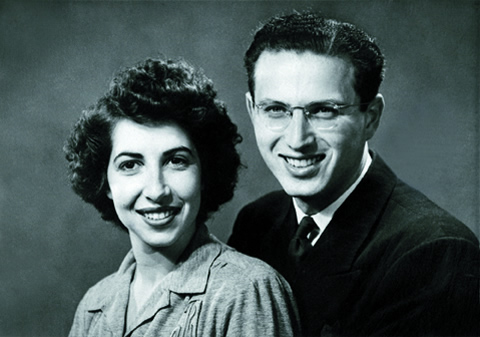 Black-and-white studio headshot photo of Ed and Florence Gross, after one month of marriage, 1943