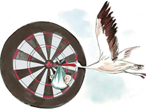 Illustration of a stork hitting a bullseye