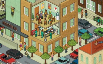 Illustration of a pixelated city block - cross section of a building with people inside of it.