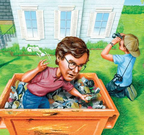 Illustration of a man sorting through a trash bin while behind another person looks into house with binoculars.