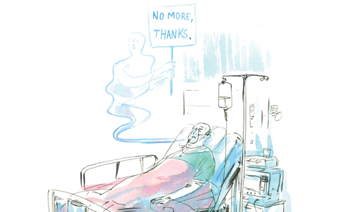 Illustration of a man in a coma; a ghost above holds a sign that says 
