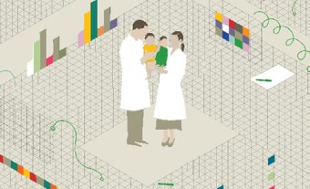 Illustration of adults (parents) wearing labcoats and holding infants.