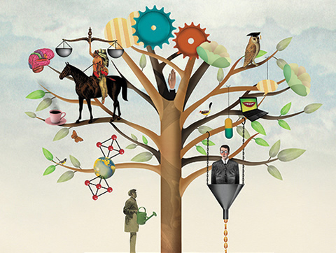 Illustration of great inventions and inventors in a tree.