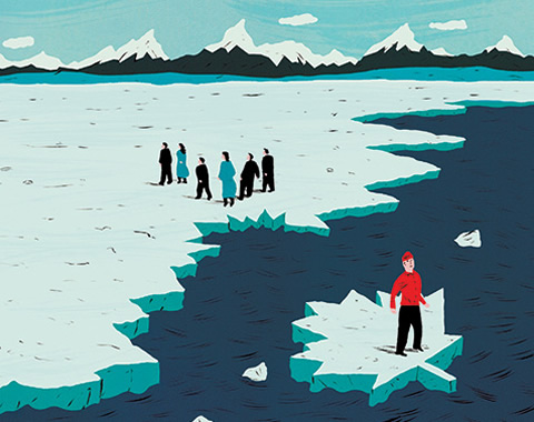 Illustration of a person on a maple-leaf shaped block of ice, separated from a group of people on an icy shore.
