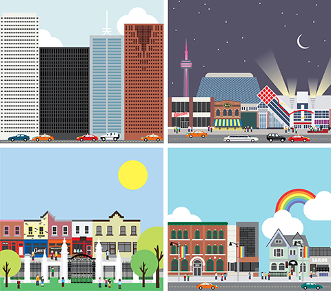 Four illustrations of the Toronto skyline.