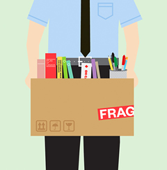 Illustration of a figure in business attire with a box of office supplies.