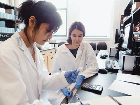 Mengqi Wang and Rozita Abdoli examine cervical cancer cells at the Institute of Biomaterials and Biomedical Engineering