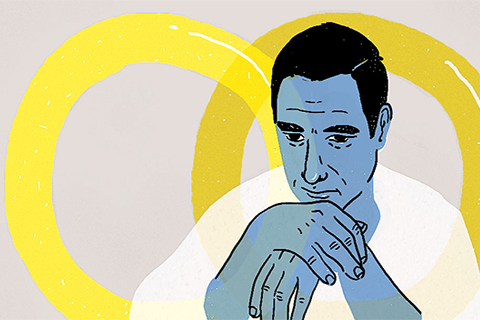 Illustration of a man thinking with his hands folded.
