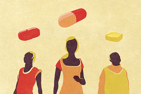 Illustration of human figures with pills above their heads.