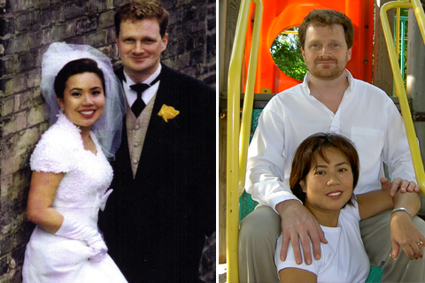 Collage of two photos: the left photo is of Pauline Chan and Keith Thomas on their wedding day, the right photo is a more current photo of them outdoors in casual clothes