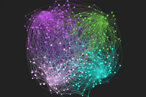 An image of a network graph, showing a variety of nodes and how they interact.