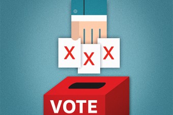 Illustration of a hand with multiple ballots over a box marked "vote"