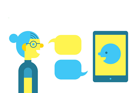 Illustration depicting a person talking to a mobile device, using speech bubbles.