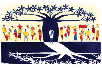 Illustration of people under a tree in the light with an individual who is sad directly under the tree in opposite colours.
