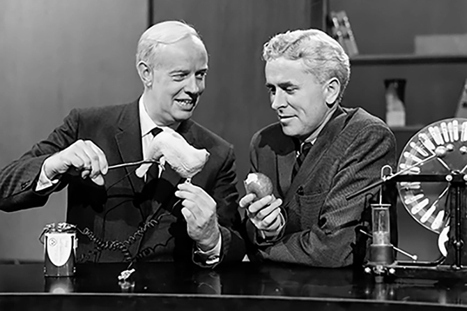 Black and white photo of J.N. Patterson Hume (left) and Donald Ivey on The Nature of Things