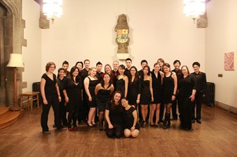 Group photo of the Hart House Jazz Choir, better known as Onoscatopoeia.