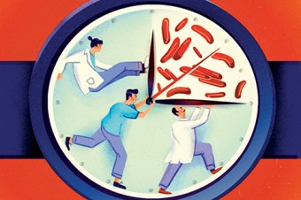 Illustration of medical professionals attempting to capture disease in a book.