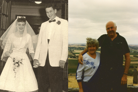 Photos of Jim and Sheila Latime: a black-and-white one of their wedding on the left and a colour photo taken many years later.