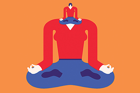 Illustration showing a person in lotus meditation pose with the same person as its own head.
