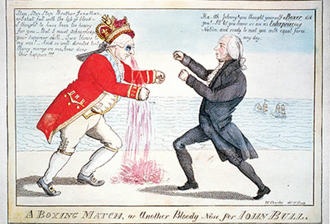 Illustration of two men in 18th century clothing having a boxing match.
