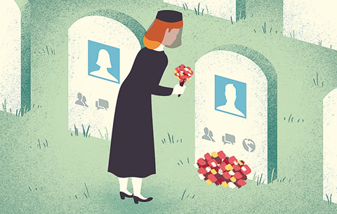 An illustration of a woman at a grave with a social media profile photo.