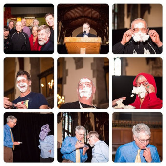 Photos of professors with pie on their faces.