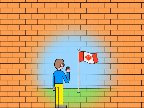 Illustration of a person waving at a Canadian flag with a brick wall between them.