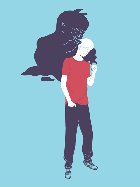 Illustration depicting a figure whispering in a teen's ear.