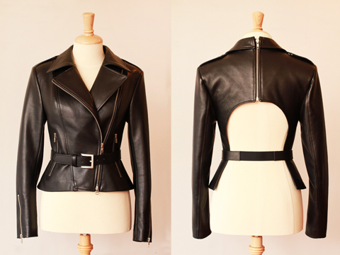 Photo of a leather jacket from both sides.
