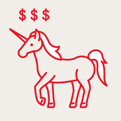 Illustration of a unicorn with dollar signs above its head.