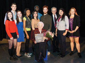 Photo of Hazel McCallion with UTM students and faculty.