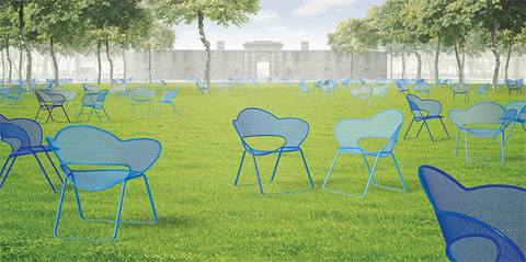Chairs scatter like wildflowers across the grass in this artist’s concept for the Fleurt design