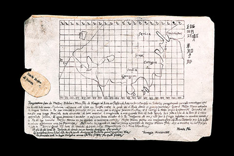 This map, signed “Moreta Polo,” shows islands and mainland beyond the Pacific ocean in the east.
