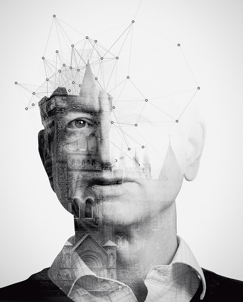 Illustration of a man who's head dissolved into geometric shapes. Computer science professor Geoffrey Hinton believes artificial intelligence will soon transform almost everything we do.