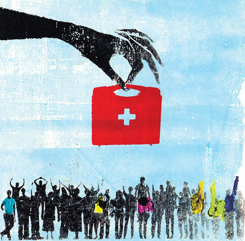 Illustration of a hand holding a medical kit above a crowd of people.