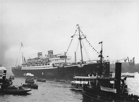 The "St. Louis," carrying more than 900 Jewish refugees, waits in the port of Havana. The Cuban government denied the passengers entry. June 1 or 2, 1939. Photo from the United States Holocaust Memorial Museum, Washington, DC.