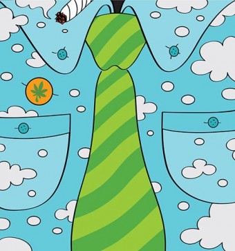 Illustration of a blue shirt with white clouds, a green striped tie, and a joint being smoked