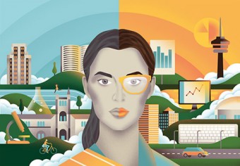 Illustration of woman's face surrounded by Toronto city scape and symbols of career opportunities