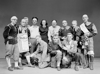Black and white photo of the cast of Daffydil Night, class of 4T9 "Snow White and the Seven Achondroplastics"
