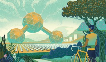 Illustration of a biker in a forest looking at a giant carbon dioxide molecule in a field of glass panels