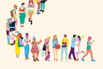 Illustration of a line of diverse, colourfully dressed people