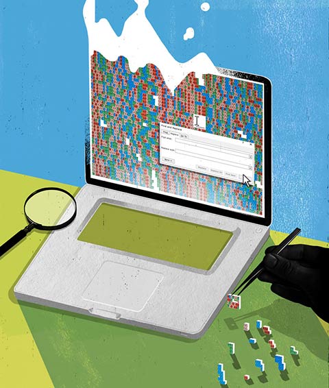 Illustration of a laptop with gene sequencing on the screen.