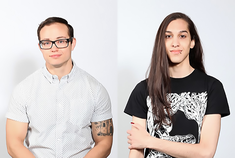 Two photos shot in a studio against a light grey background: Kinnon MacKinnon (left), in a white and grey-polka-dotted short-sleeved, button-up shirt and black-framed glasses with a tattoo on his left bicep, and Cassandra Williams, in a black T-shirt with a white print illustration, wearing a lip ring and her long brown hair draped over one shoulder.