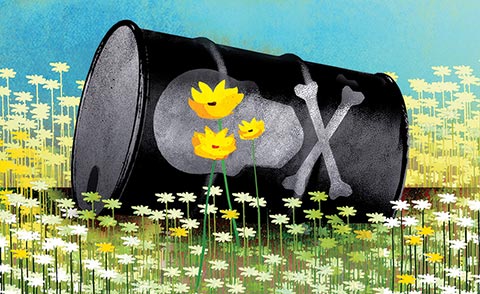 Illustration of a metal can with a poison symbol sitting on its side on top of a field of flowers